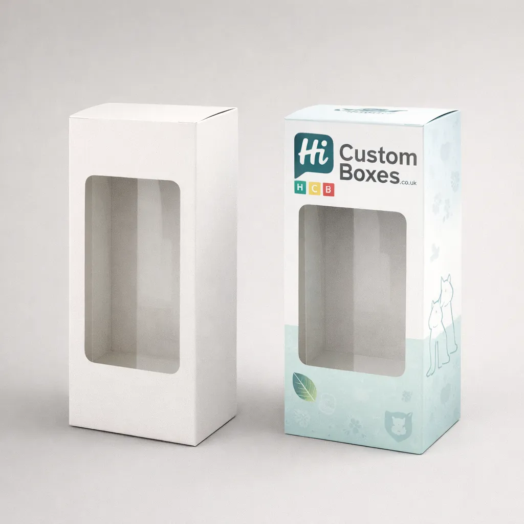 Two rectangular white boxes with transparent plastic windows, including one with custom branding and leaf icons. class=